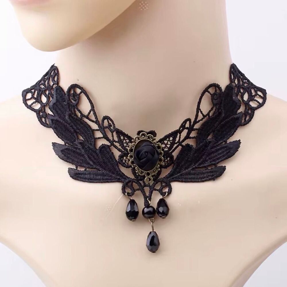 Vintage-Style Black Lace Rose Choker Necklace with Crystal Style Dangles